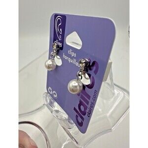Claire’s Clip-On Faux Pearl Drop Earrings Vintage Style Rhinestone Accent New Ca